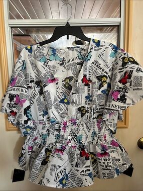Newspaper Print Butterfly Peplum Blouse — White with Multicolor Butterflies